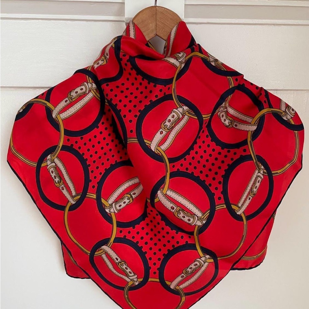 SILK 30” Equestrian & Dot Scarf 🇨🇦 DAVIDS Vintage RED NAVY GOLD TAUPE 1 Mark EVC - Picture 5 of 5